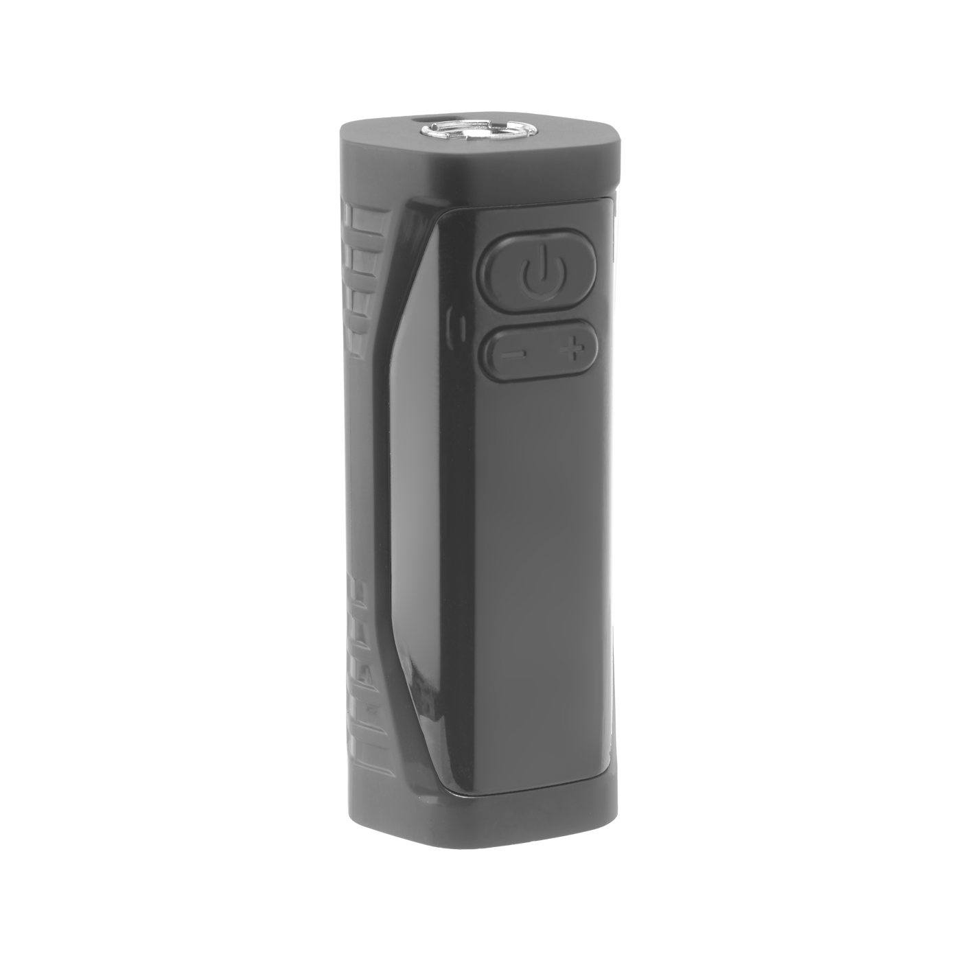 Angled view of the black Ooze Runt Mini Battery turned off