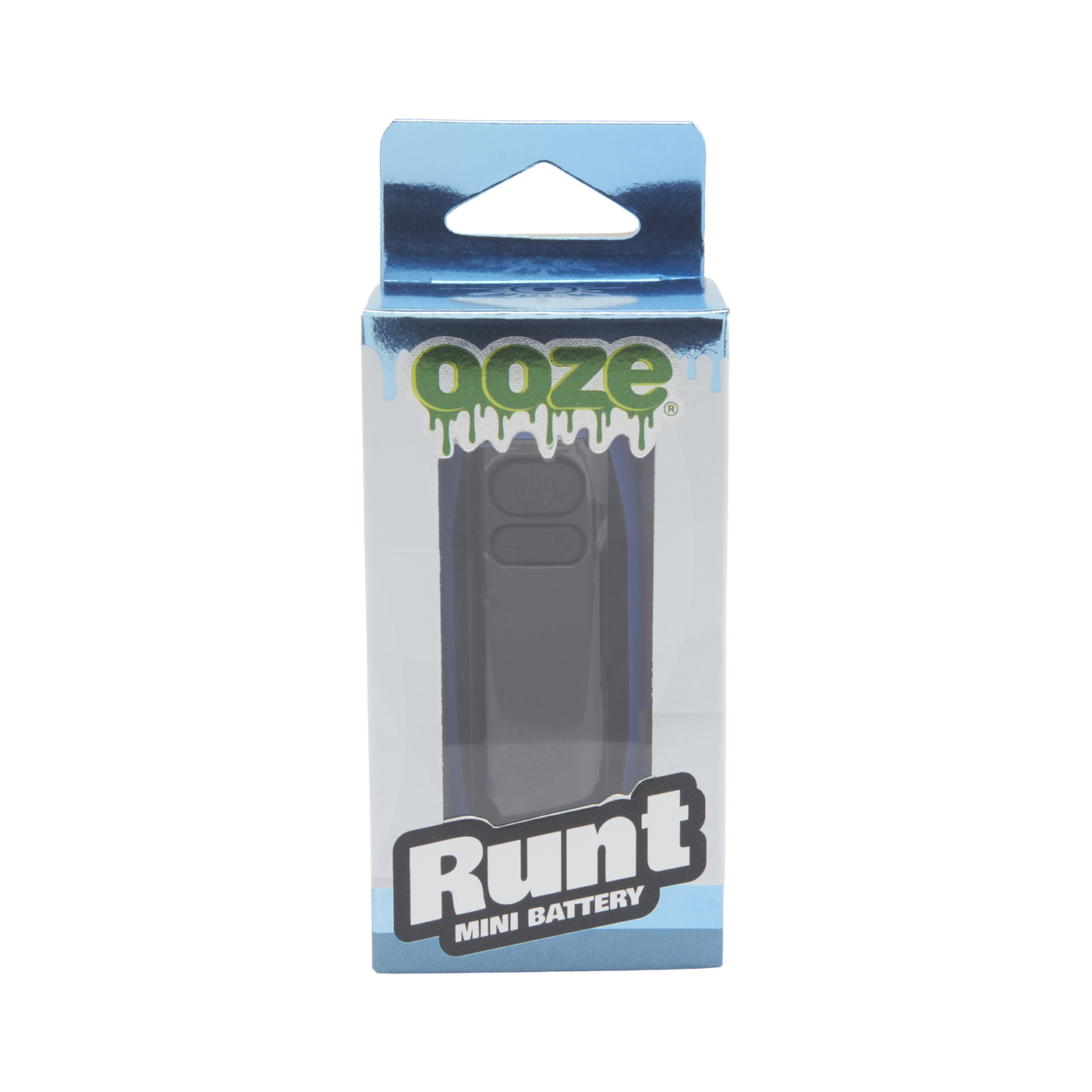 Front view of blue Ooze Runt Mini Battery in the box