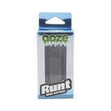 Front view of blue Ooze Runt Mini Battery in the box