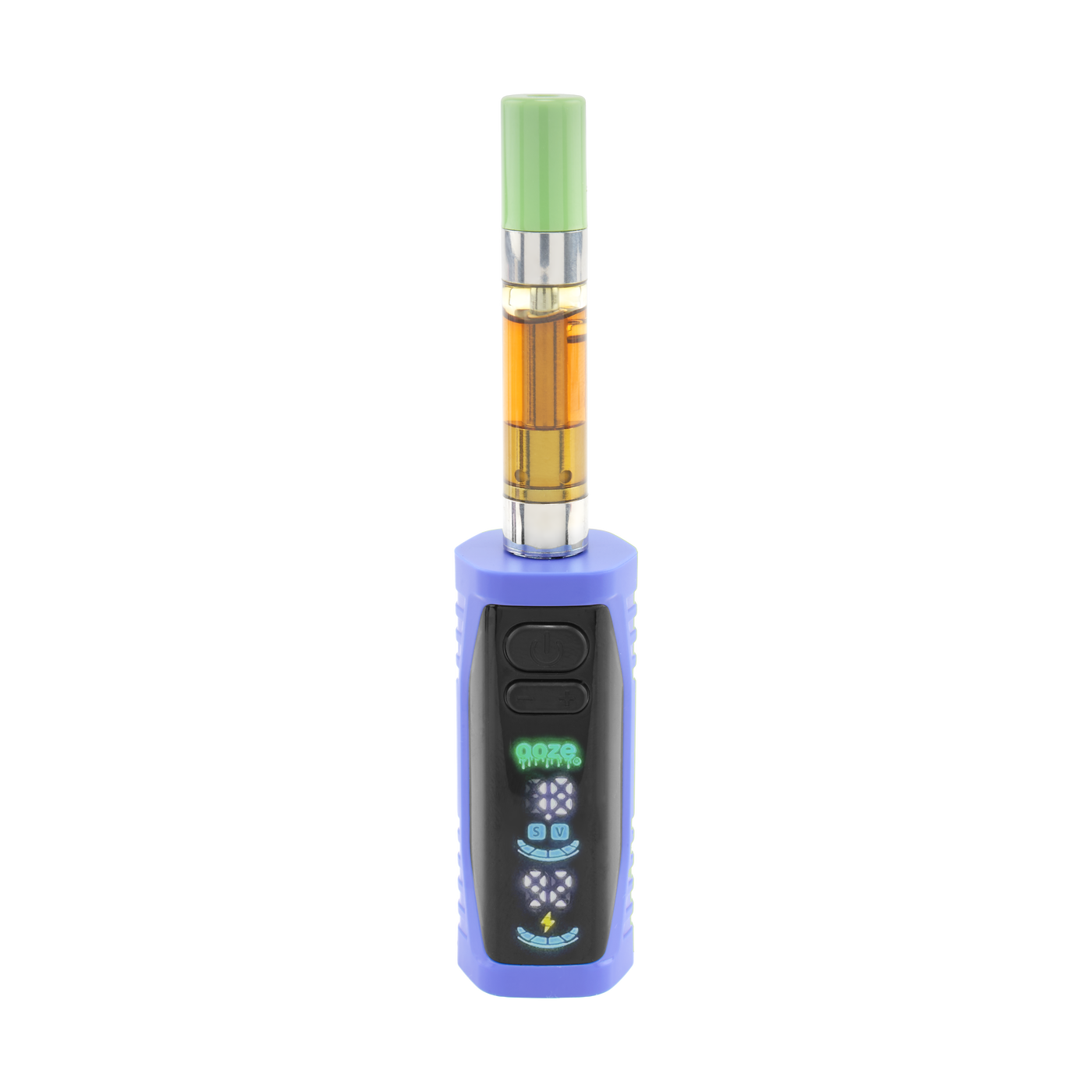 Front view of blue Ooze Runt Mini Battery with a cartridge attached and screen turned on