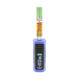 Front view of blue Ooze Runt Mini Battery with a cartridge attached and screen turned on