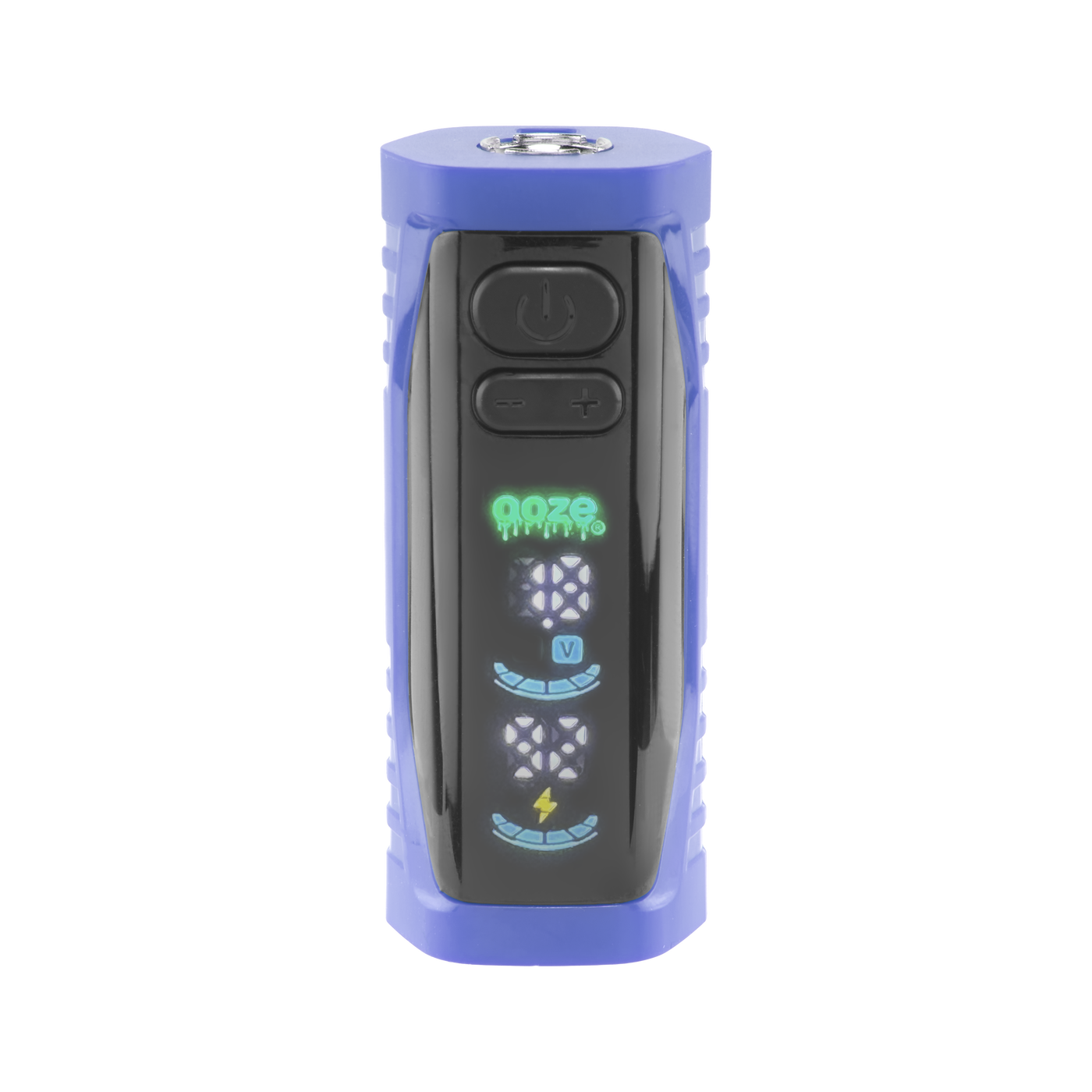 Front view of the blue Ooze Runt Mini Battery with the screen turned on