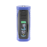 Front view of the blue Ooze Runt Mini Battery with the screen turned on