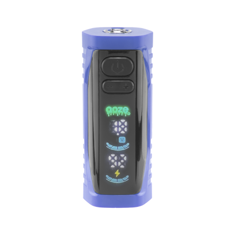 Front view of the blue Ooze Runt Mini Battery with the screen turned on