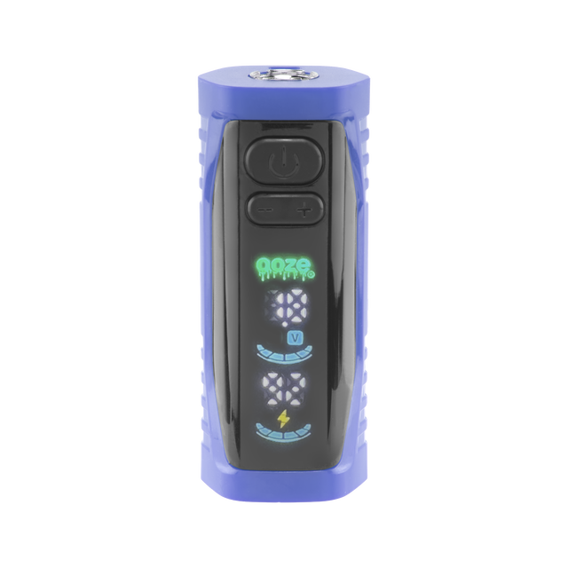 Front view of the blue Ooze Runt Mini Battery with the screen turned on