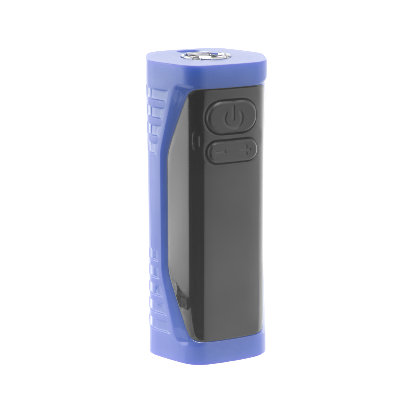 Angled view of blue Ooze Runt Mini Battery turned off