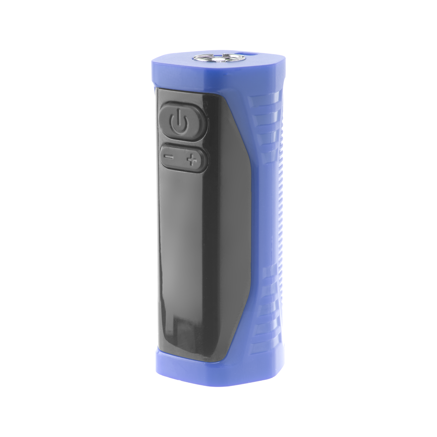 Angled view of blue Ooze Runt Mini Battery turned off