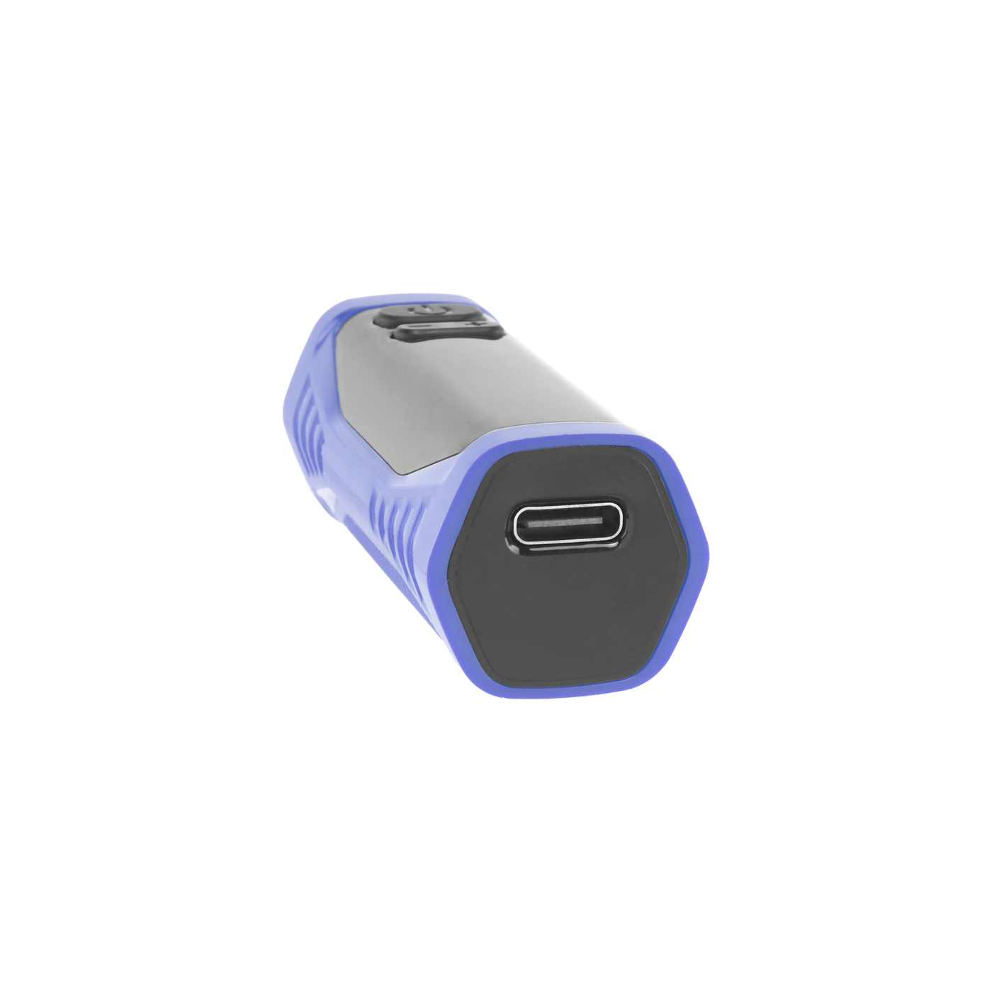 Angled view of the base of blue Ooze Runt Mini Battery, showing the type-c port