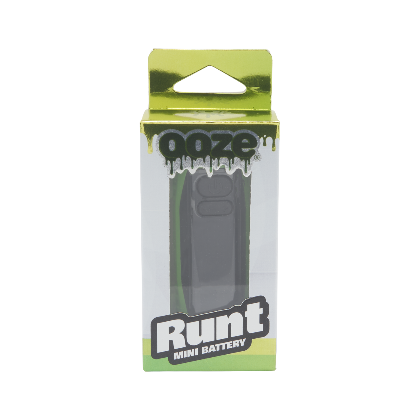 Front view of the green Ooze Runt Mini Battery in the box