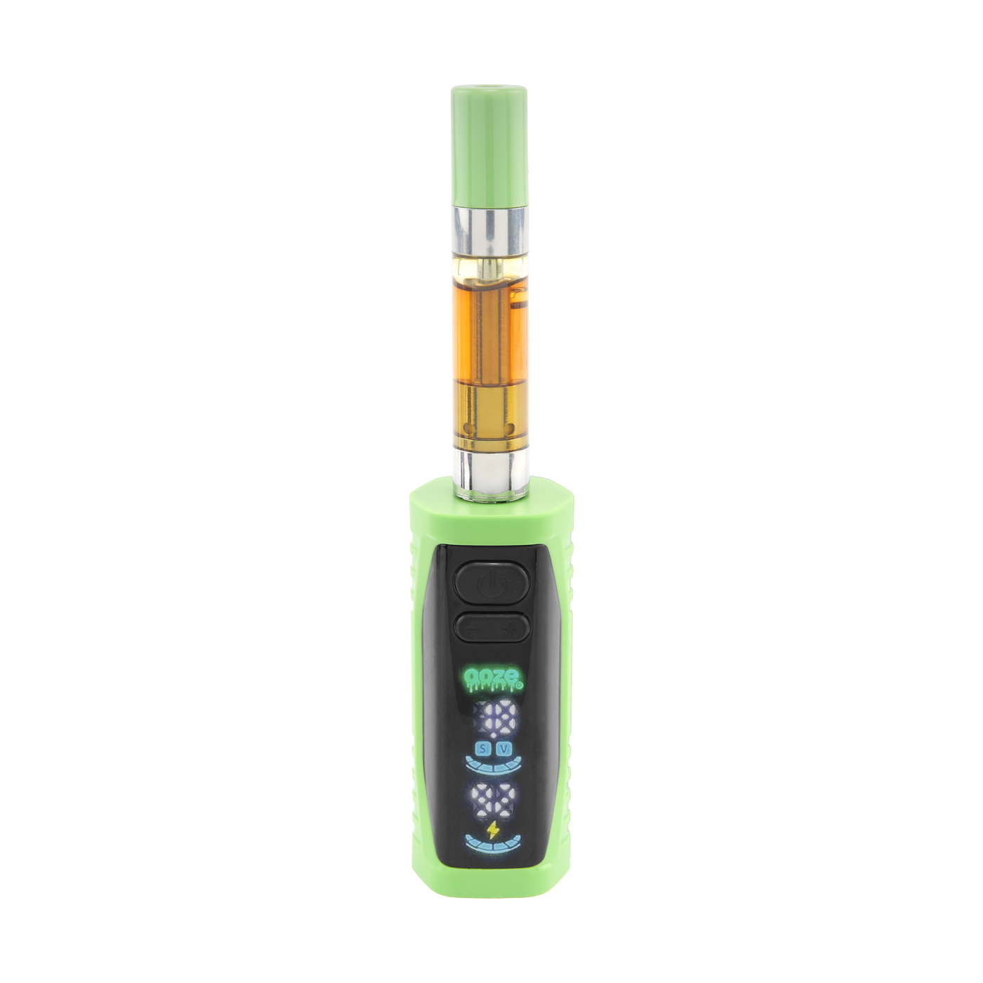 Front view of the green Ooze Runt Mini Battery with a cartridge connected and screen turned on