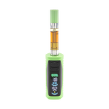 Front view of the green Ooze Runt Mini Battery with a cartridge connected and screen turned on