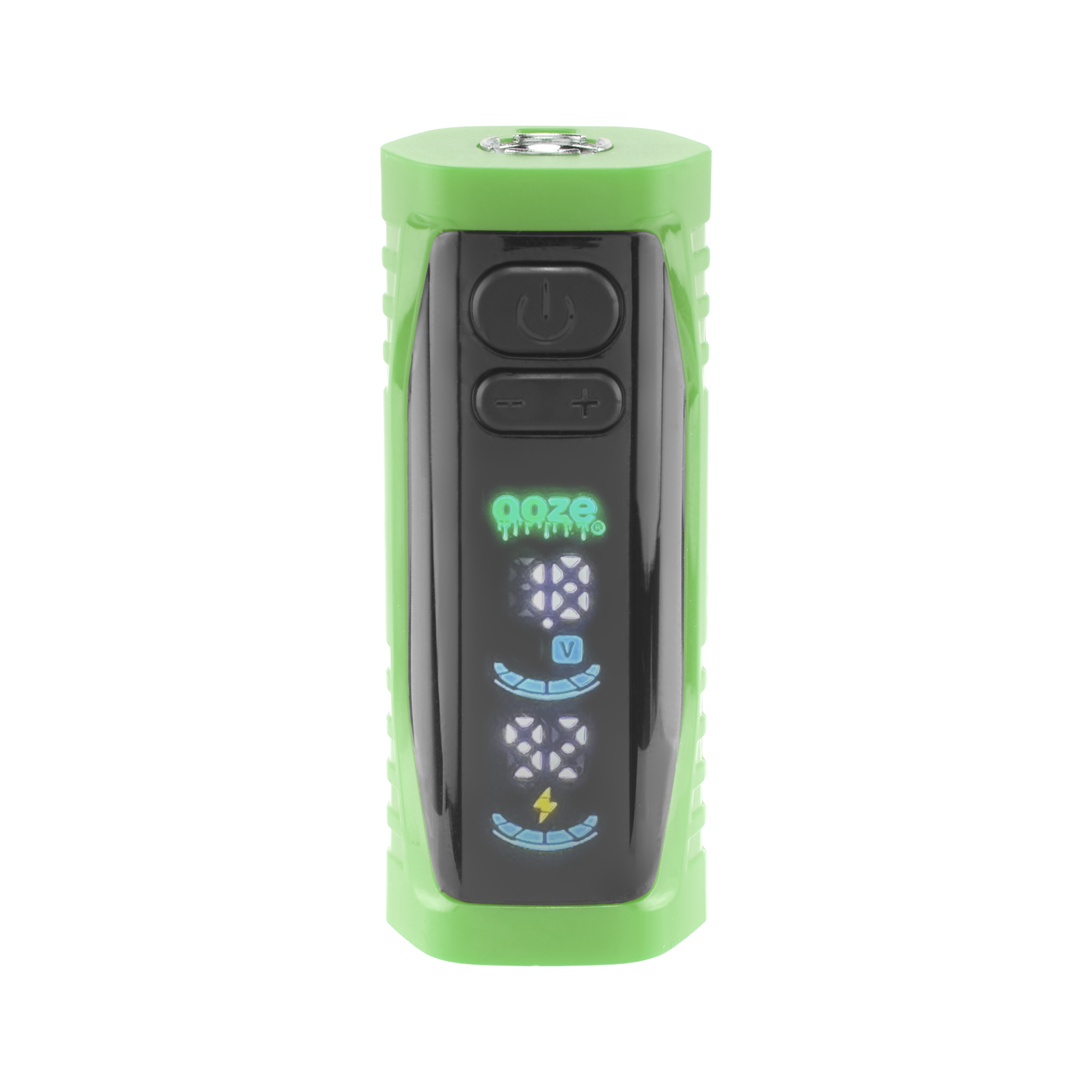 Front view of the green Ooze Runt Mini Battery with the screen turned on