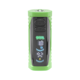 Front view of the green Ooze Runt Mini Battery with the screen turned on