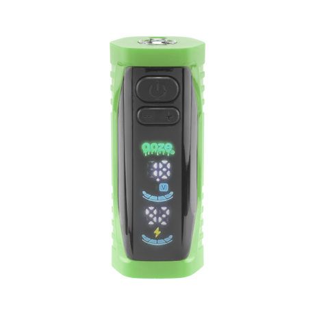 Front view of the green Ooze Runt Mini Battery with the screen turned on
