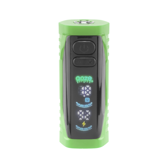 Front view of the green Ooze Runt Mini Battery with the screen turned on