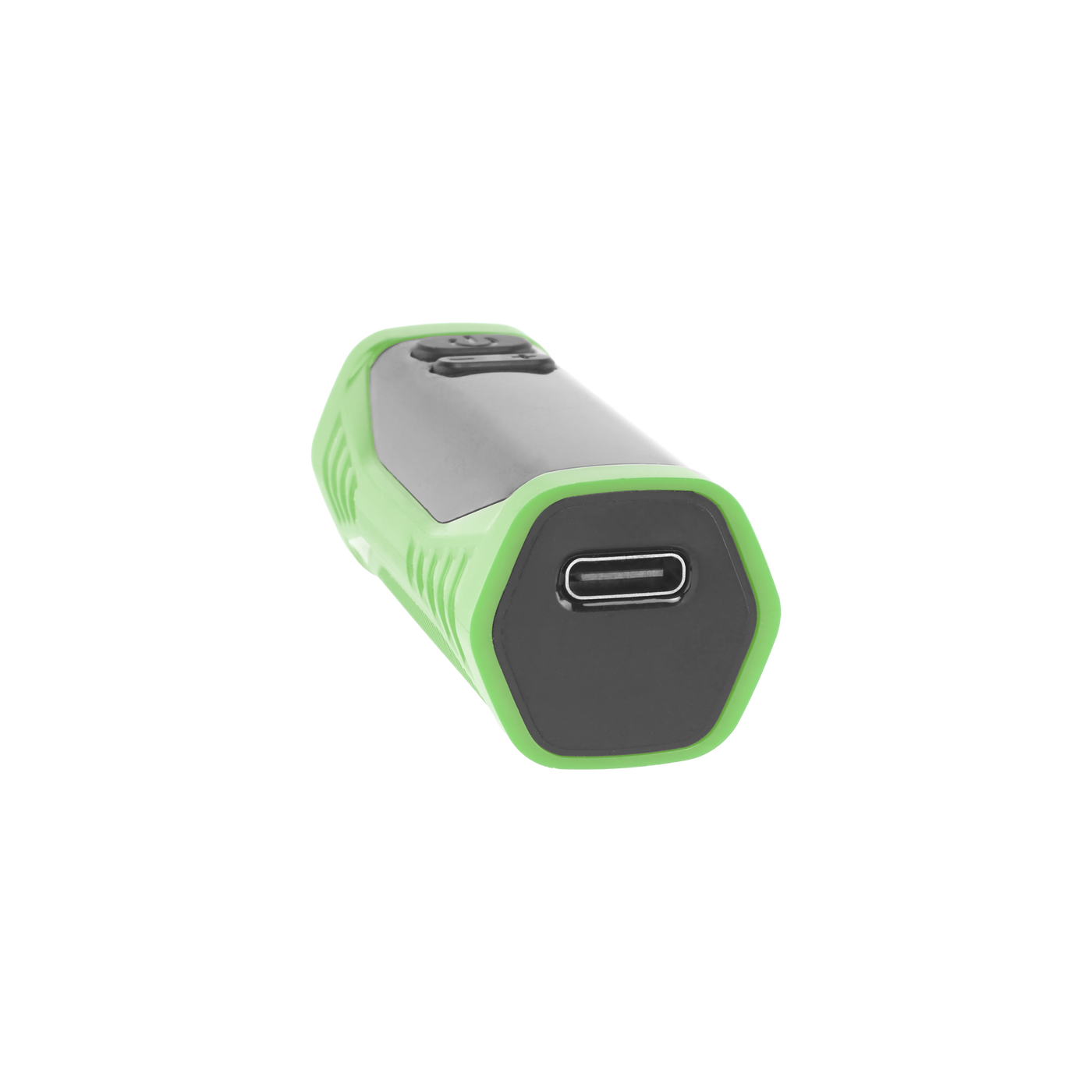 Angled view of the base of the green Ooze Runt Mini Battery, showing the type-c port