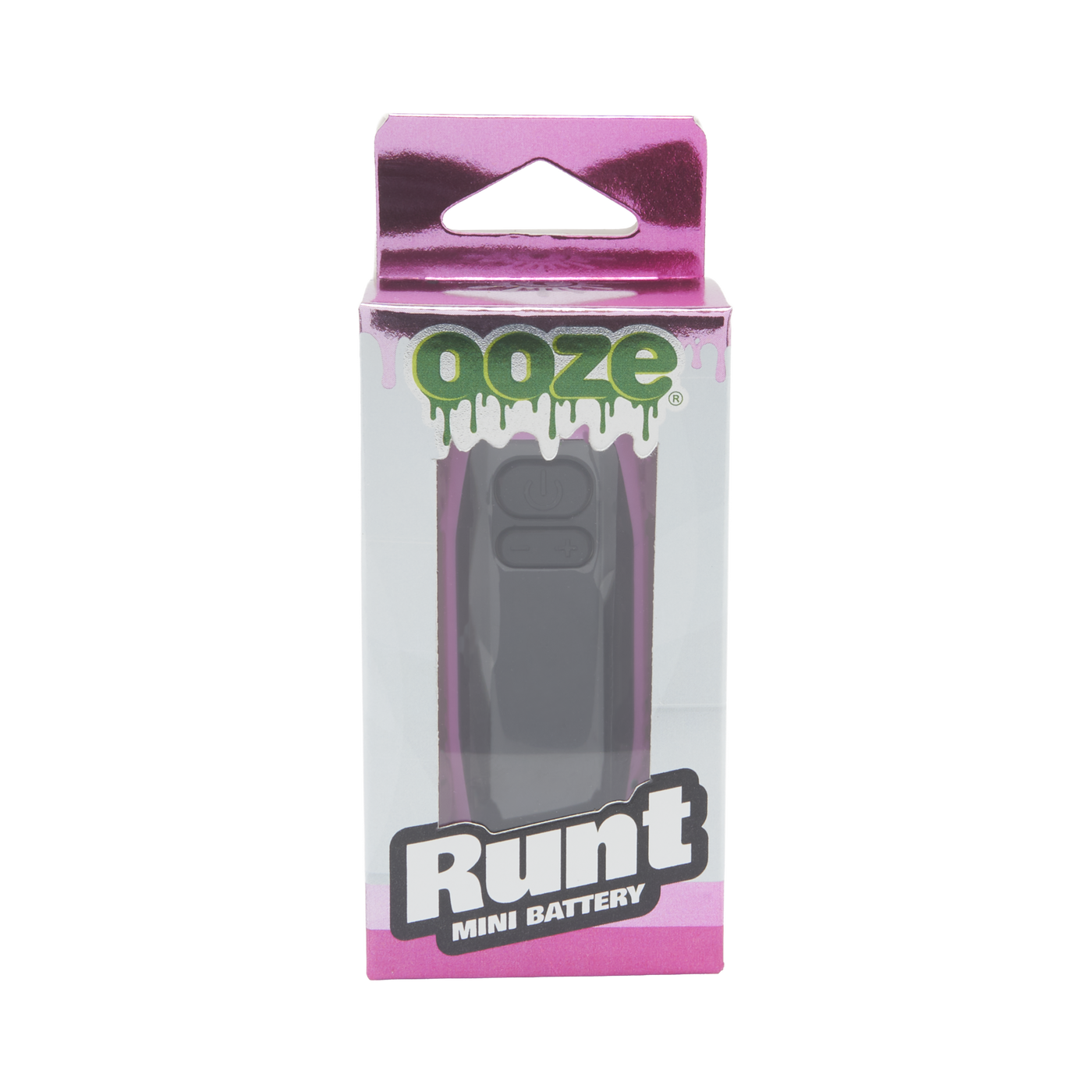 Front view of the pink Ooze Runt Mini Battery in the box