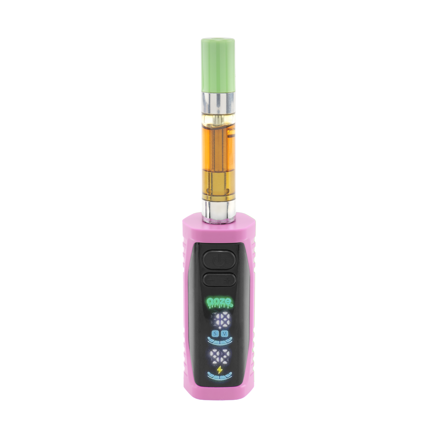Front view of the pink Ooze Runt Mini Battery with the screen on and a cartridge connected