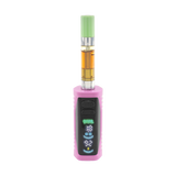 Front view of the pink Ooze Runt Mini Battery with the screen on and a cartridge connected