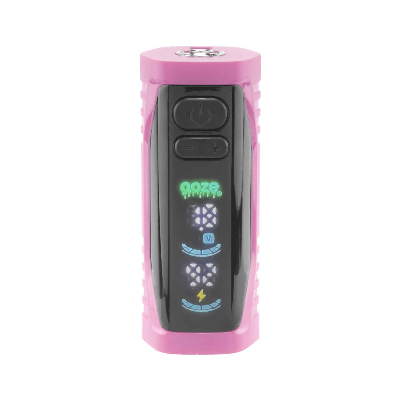 Front view of the pink Ooze Runt Mini Battery with the screen turned on