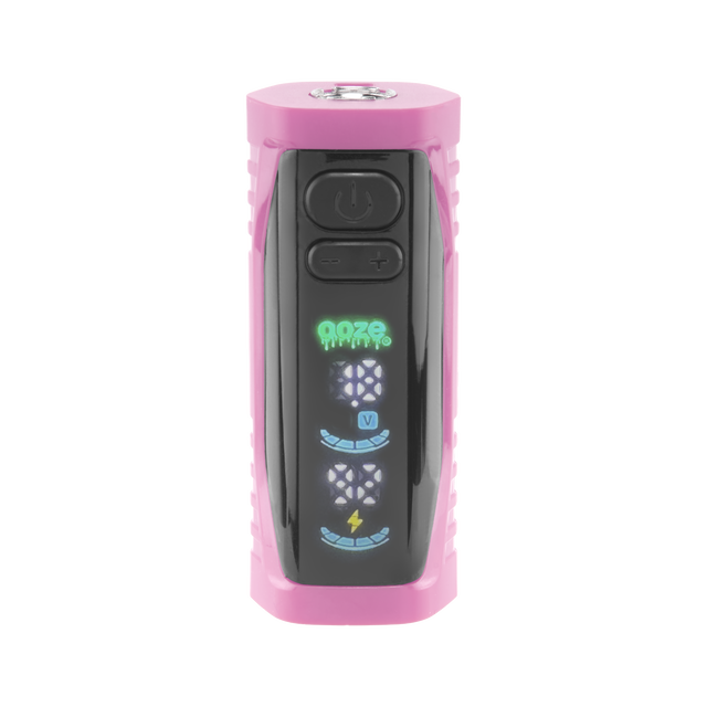 Front view of the pink Ooze Runt Mini Battery with the screen turned on