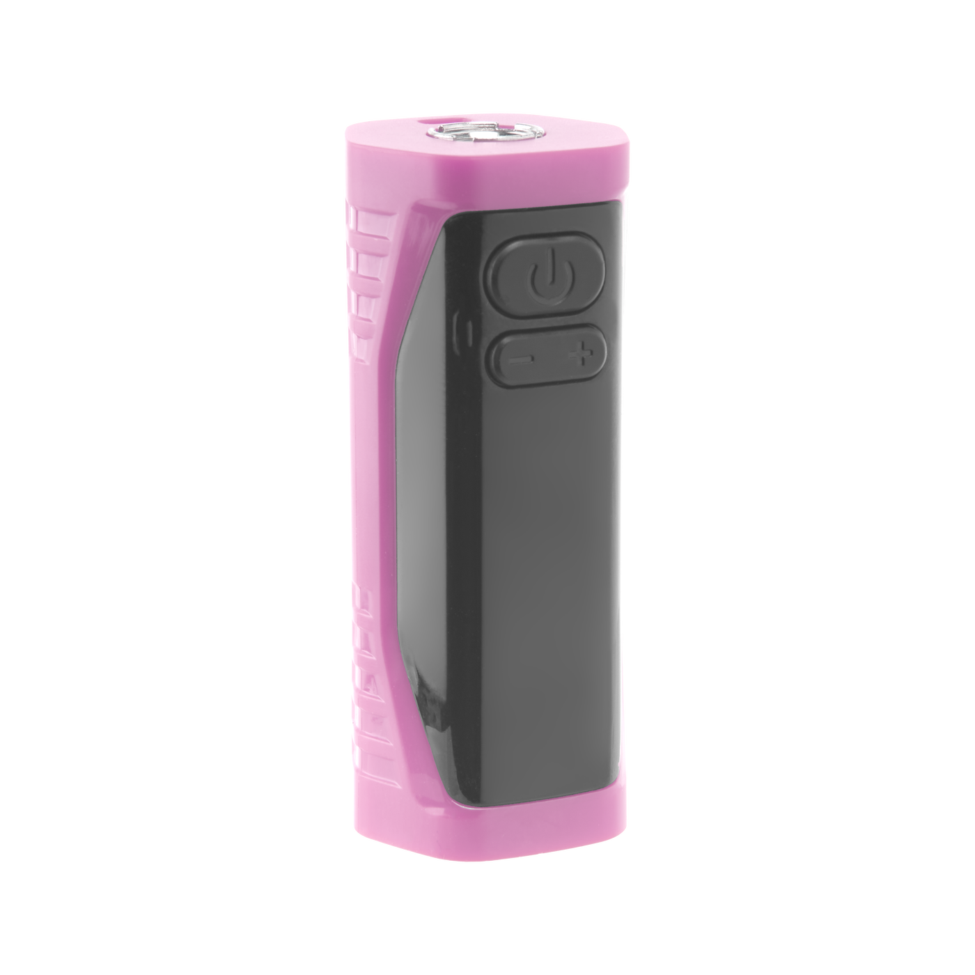 Angled view of the pink Ooze Runt Mini Battery turned off