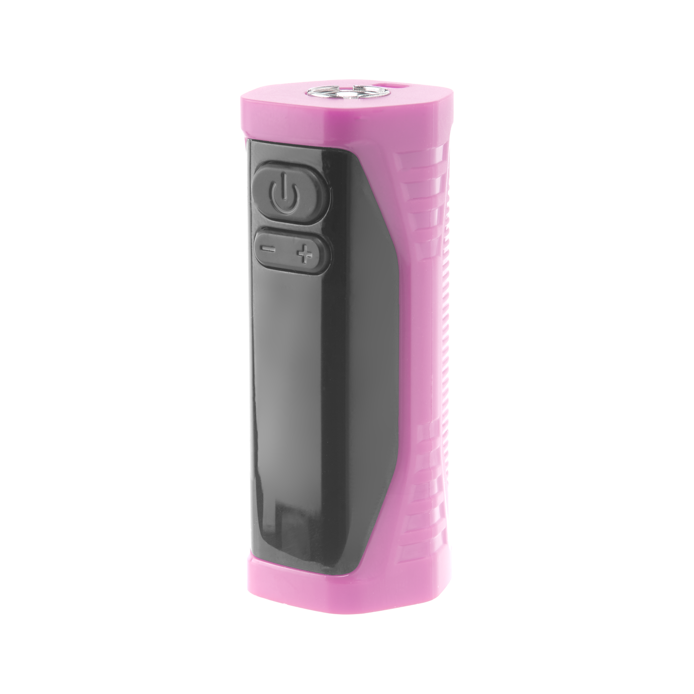 Angled view of the pink Ooze Runt Mini Battery turned off