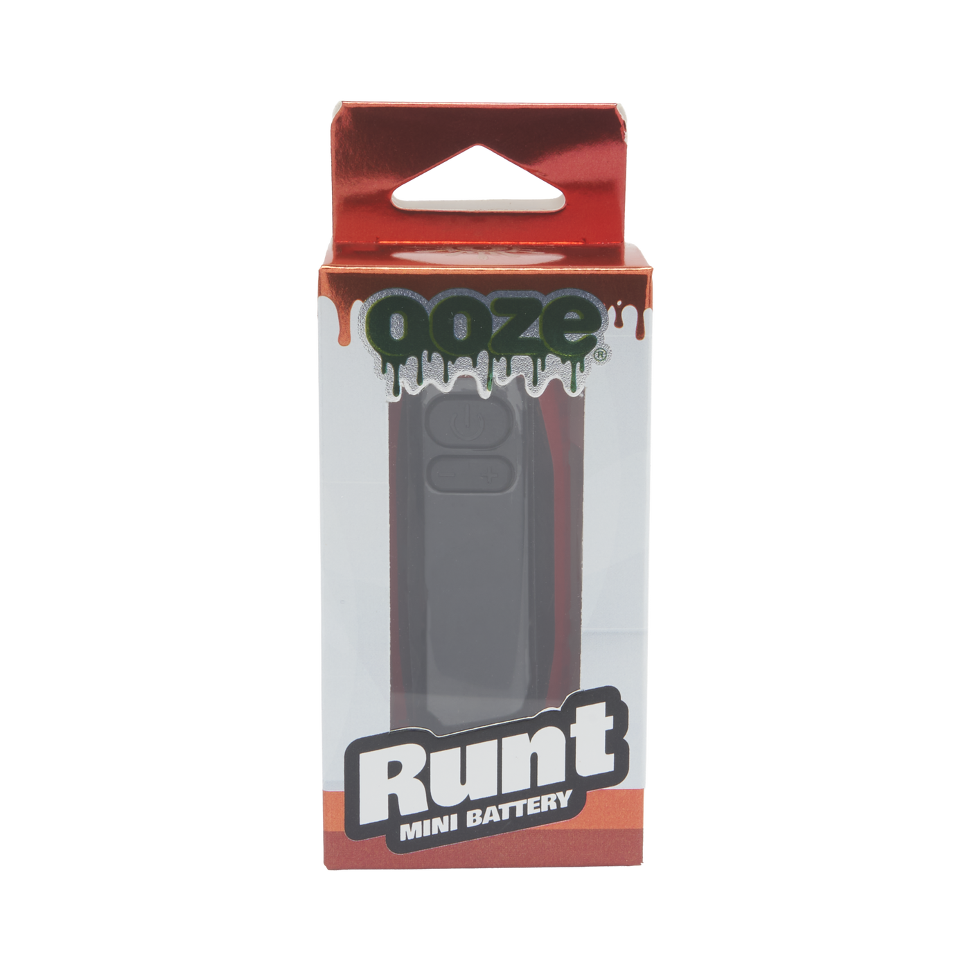 The red Ooze Runt Mini Battery in the original box