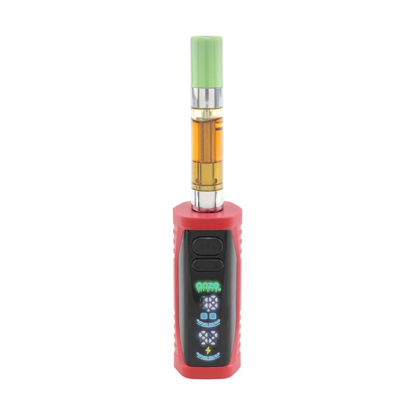 The red Ooze Runt Mini Battery is turned on, standing upright with an oil cartridge connected