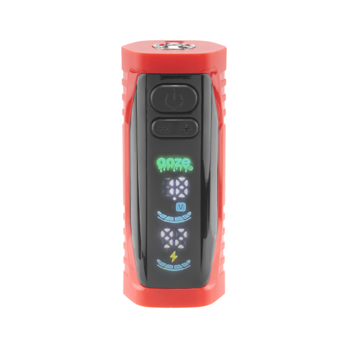 The red Ooze Runt Mini Battery is facing front with the screen turned on