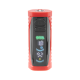The red Ooze Runt Mini Battery is facing front with the screen turned on