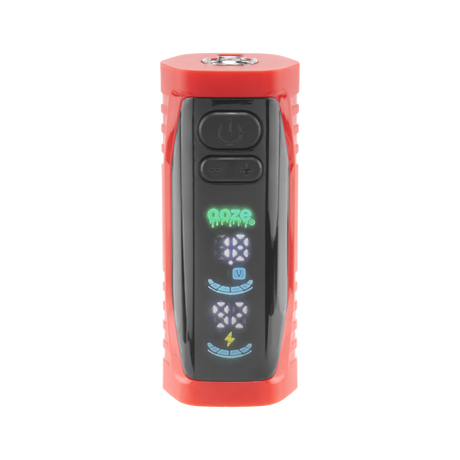 The red Ooze Runt Mini Battery is facing front with the screen turned on