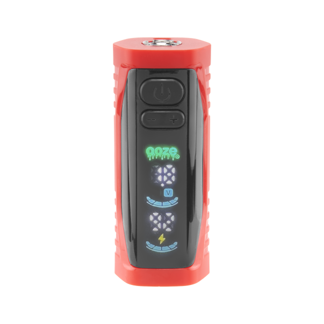 The red Ooze Runt Mini Battery is facing front with the screen turned on
