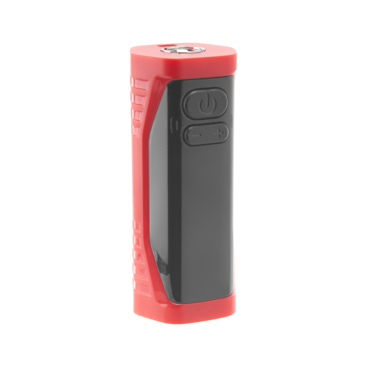 Angled view of The red Ooze Runt Mini Battery turned off