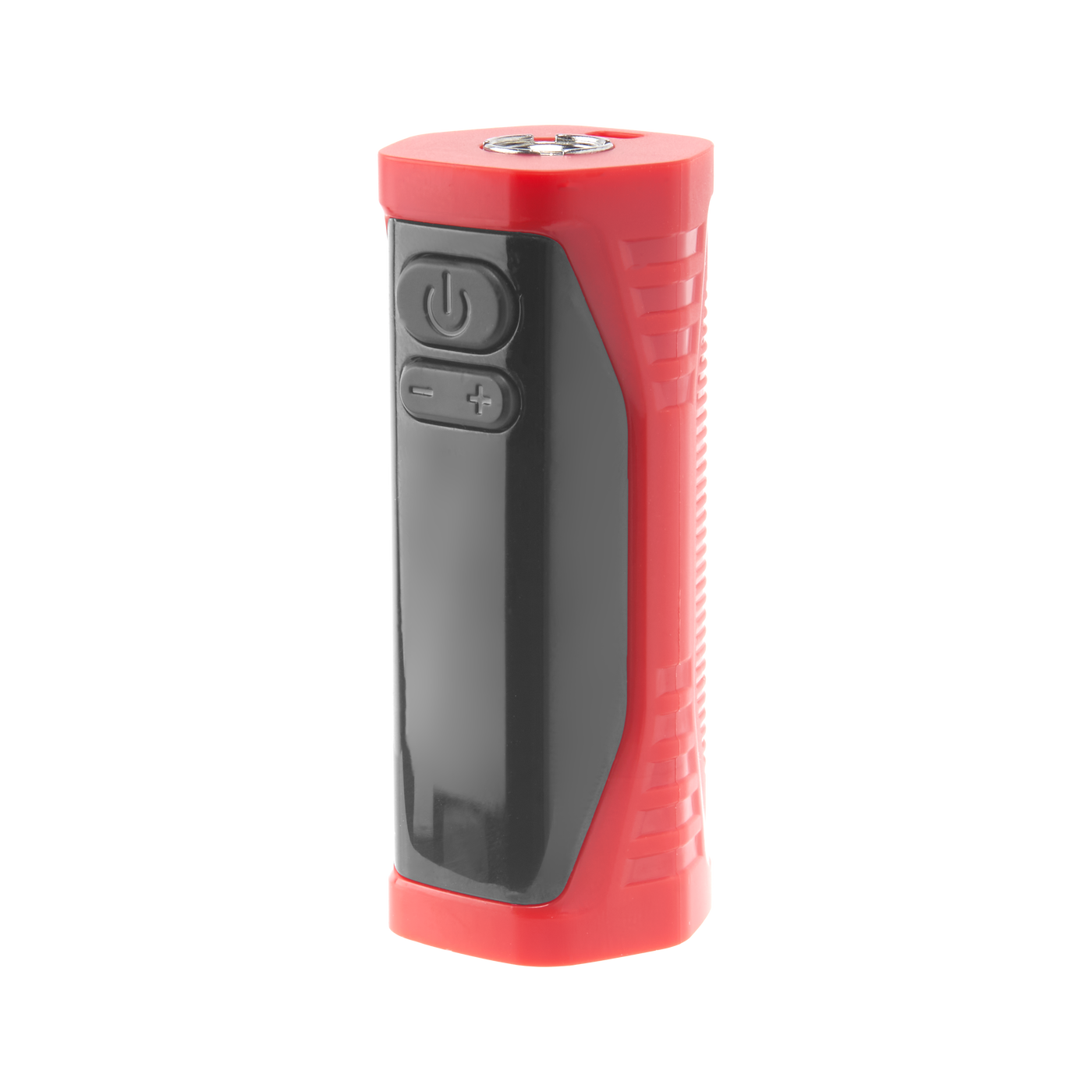 Angled view of The red Ooze Runt Mini Battery turned off
