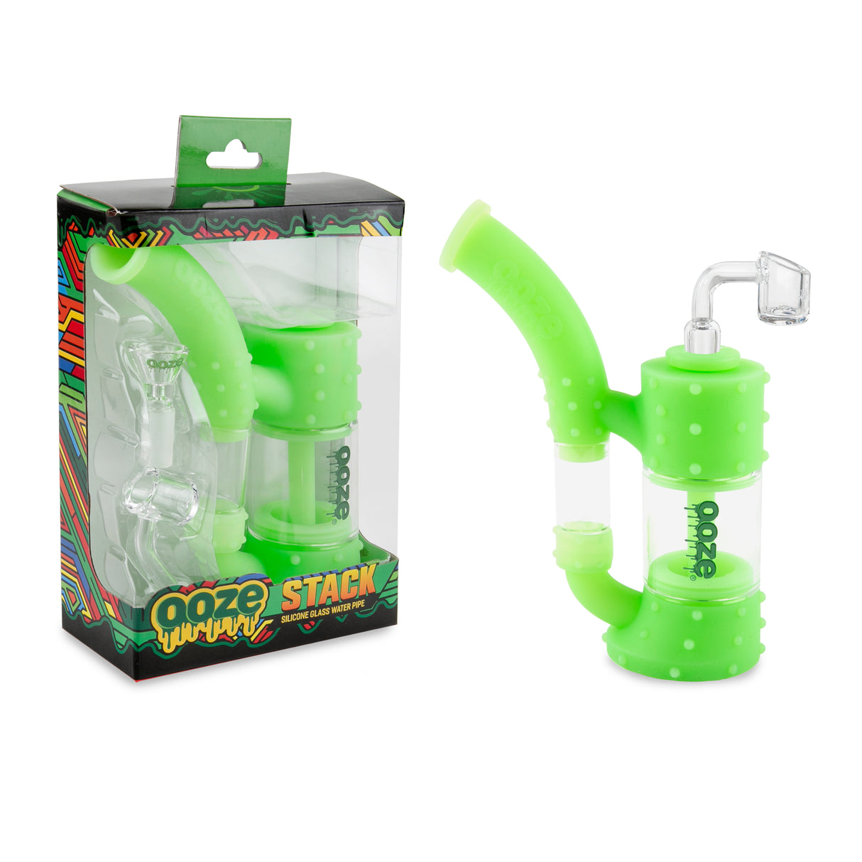 Ooze Stack Pipe Silicone Water Bubbler & Dab Rig - Green Glow