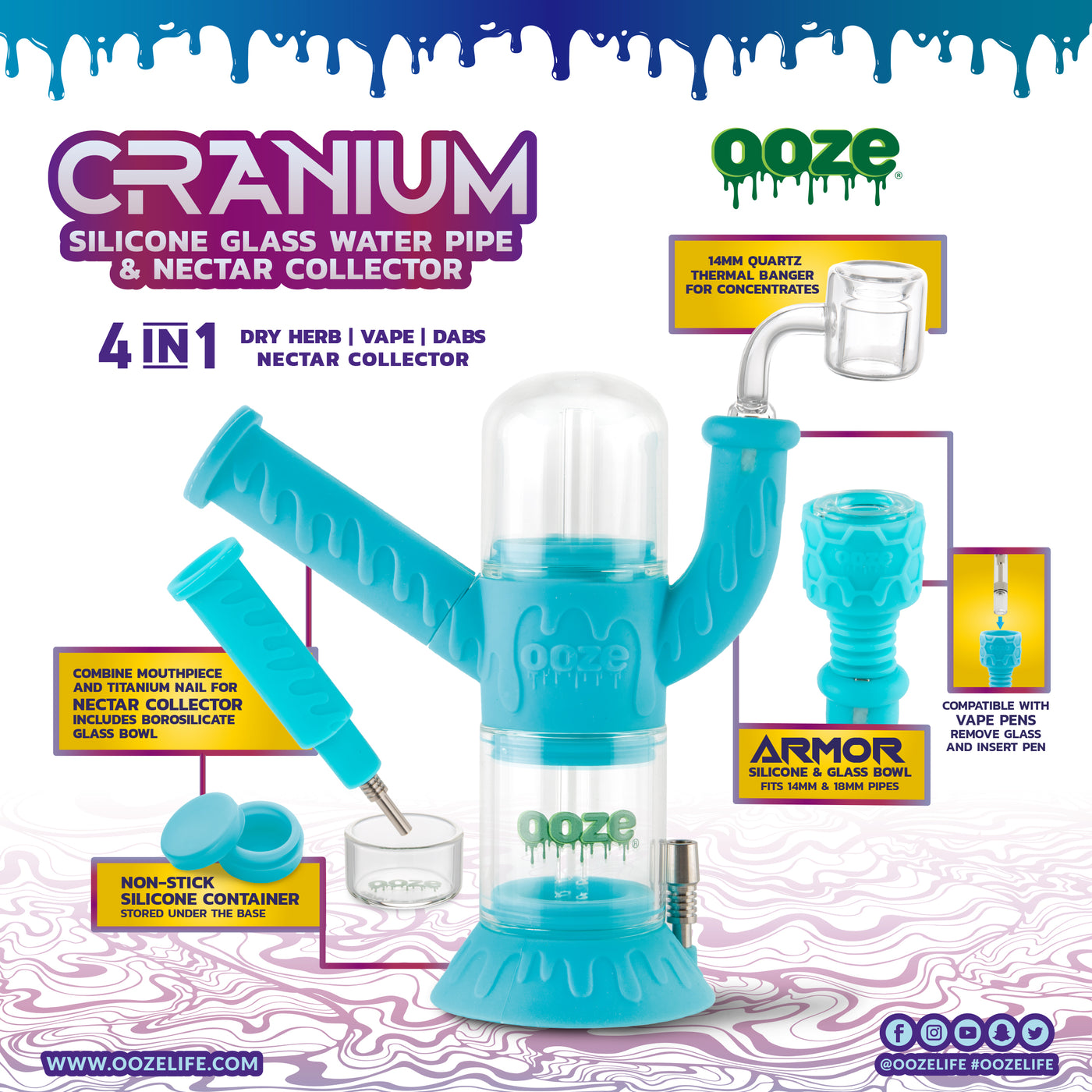 Ooze Cranium Silicone Water Pipe, Dab Rig & Dab Straw - Aqua Teal