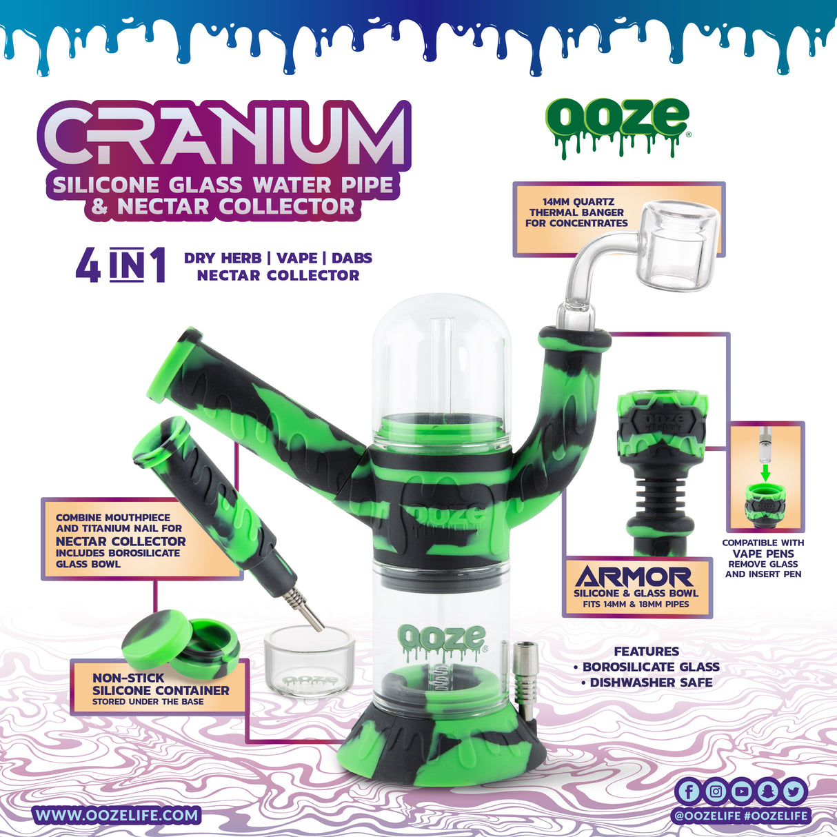 Ooze Cranium Silicone Water Pipe, Dab Rig & Dab Straw - Chameleon