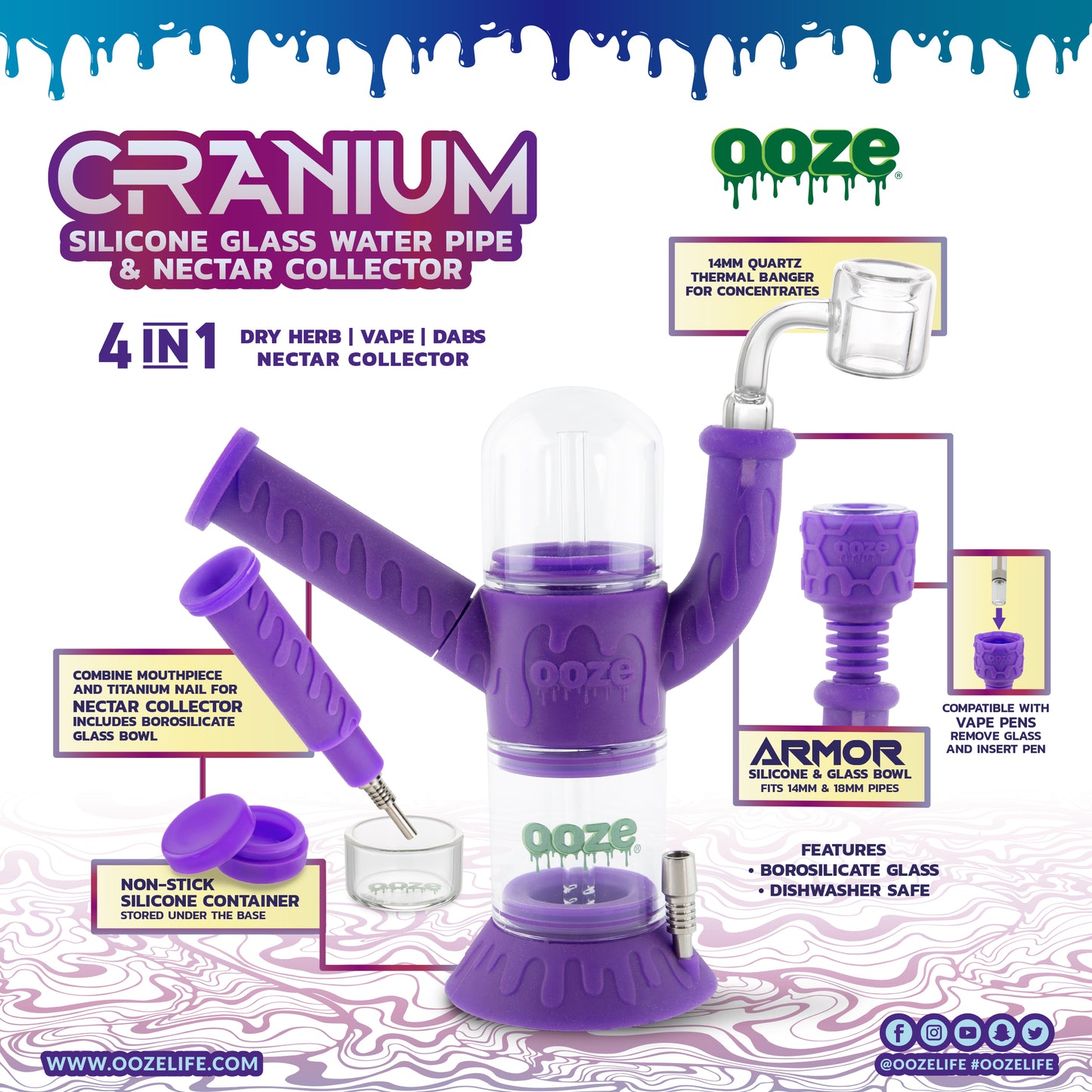 Ooze Cranium Silicone Water Pipe, Dab Rig & Dab Straw - Ultra Purple