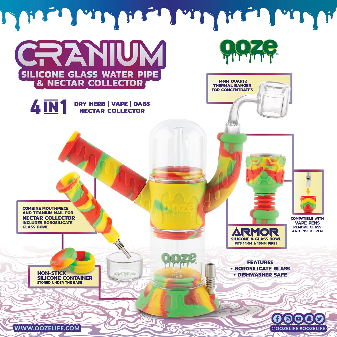 Ooze Cranium Silicone Water Pipe, Dab Rig & Dab Straw - Rasta