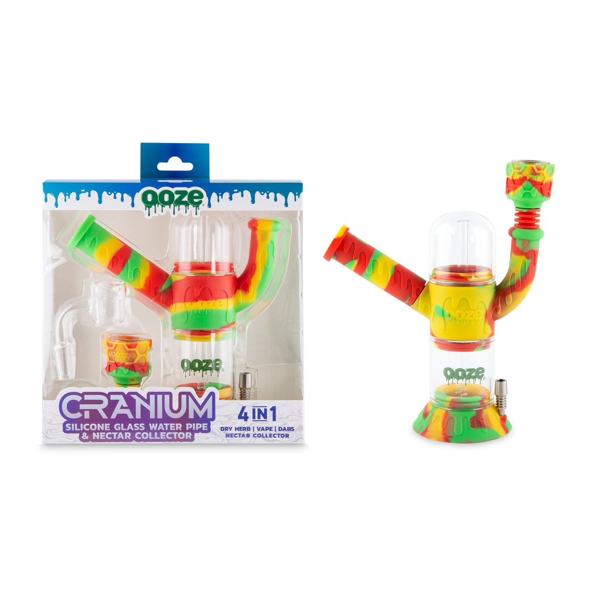 Ooze Cranium Silicone Water Pipe, Dab Rig & Dab Straw - Rasta