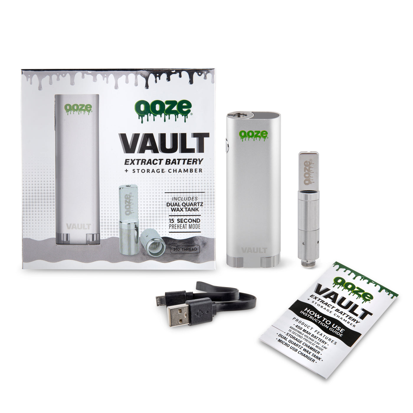 Full kit for the silver Ooze Vault battery with atomizer and charger