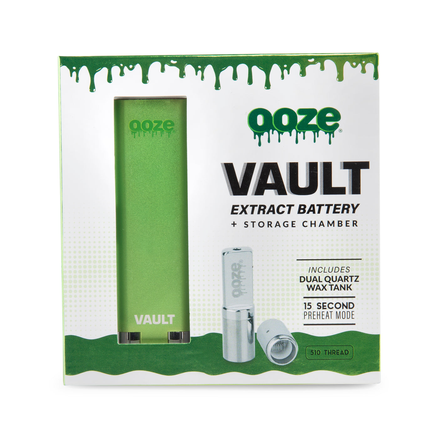 Front of the box for the green Ooze Vault battery