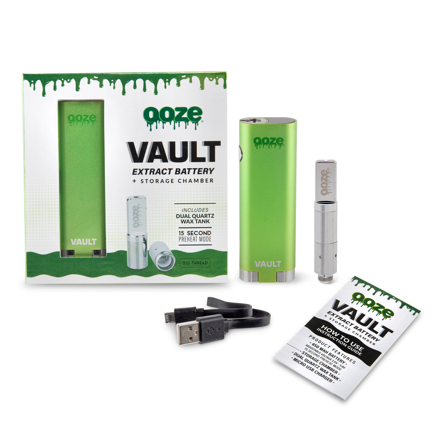 Full kit for the green Ooze Vault battery with atomizer and charger