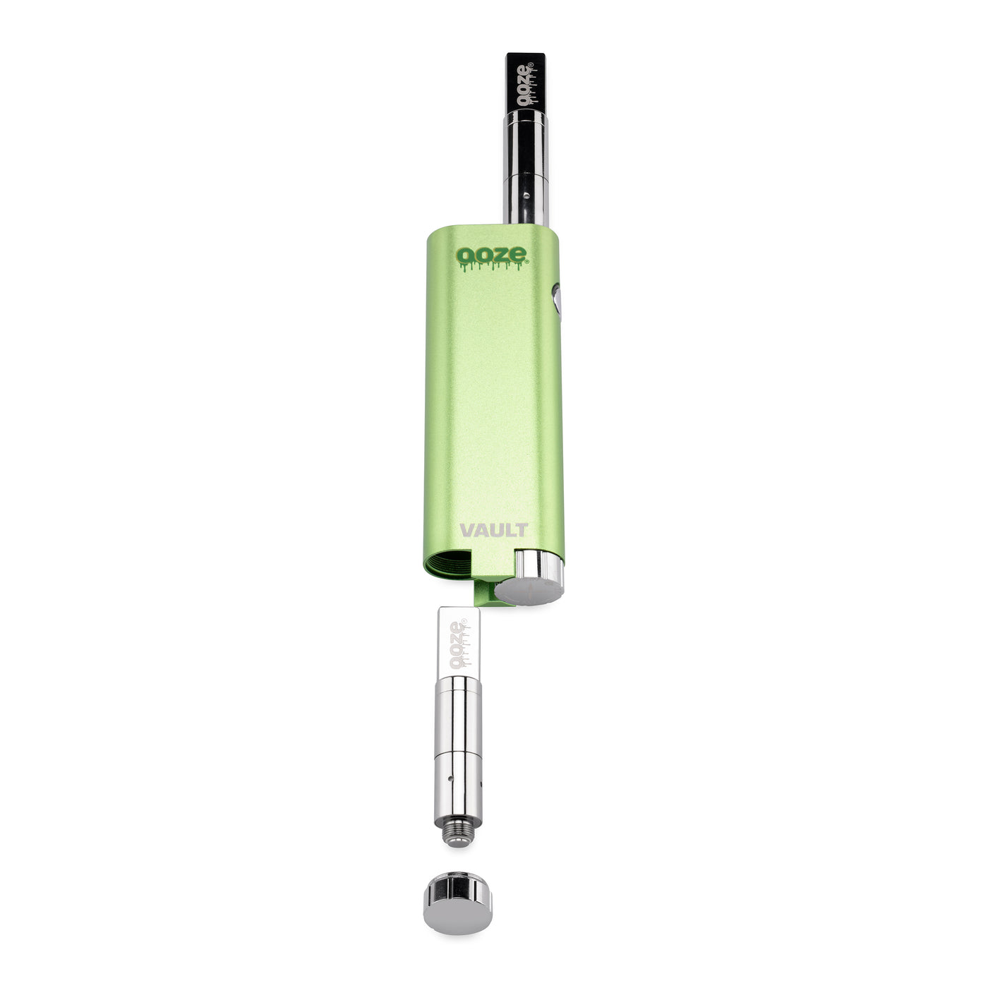 A green Ooze Vault battery with an atomizer on the top and coming out the bottom chamber