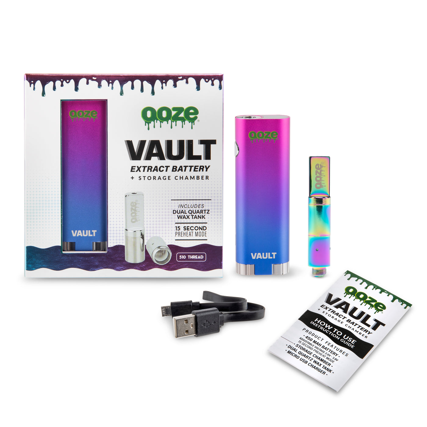 Full kit for the rainbow Ooze Vault battery with atomizer and charger