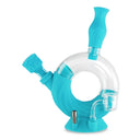Aqua teal Ooze Ozone silicone water pipe designed to look like the letter 'O', with various attachments for different uses.