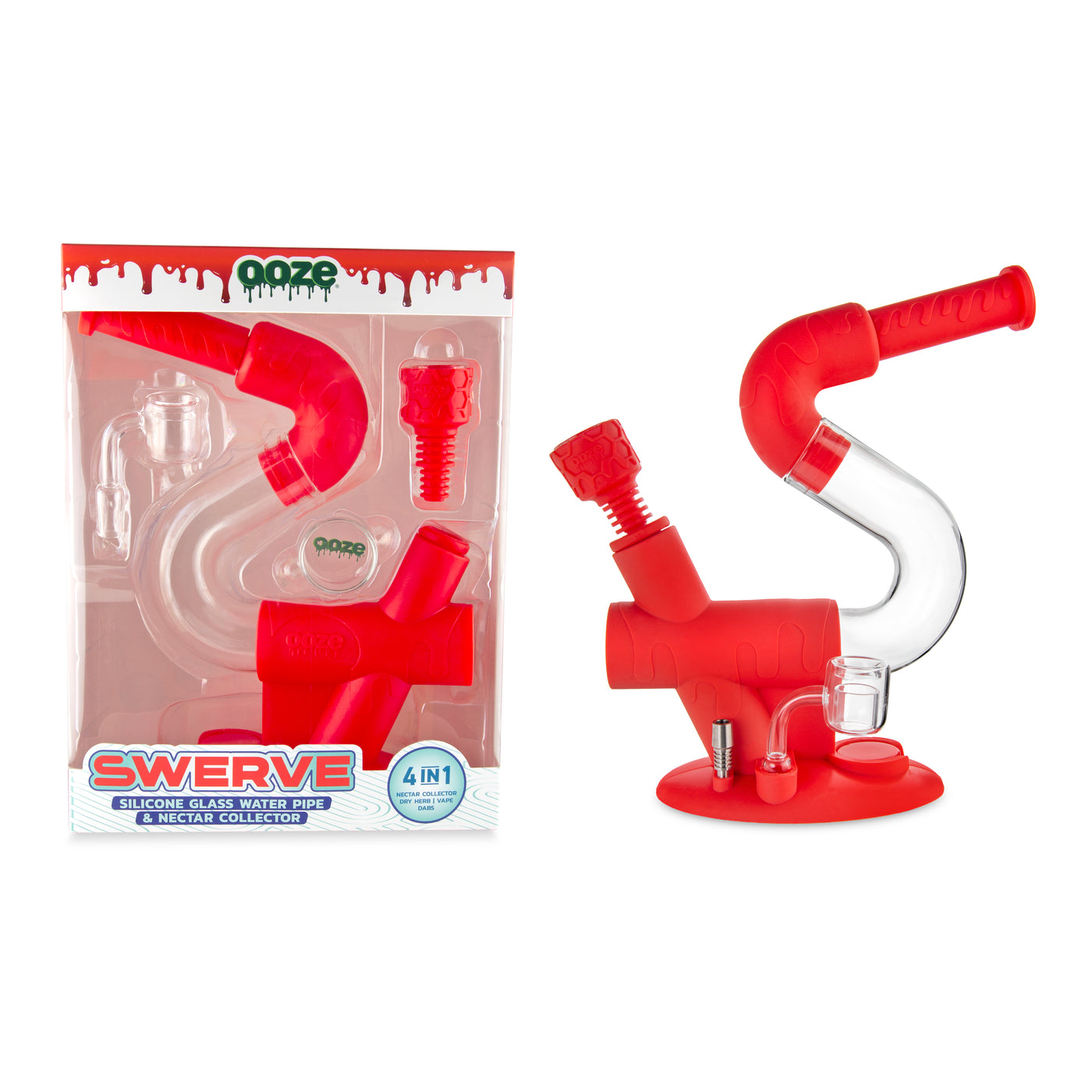 Ooze Swerve Silicone Water Pipe, Dab Rig & Dab Straw - Scarlet