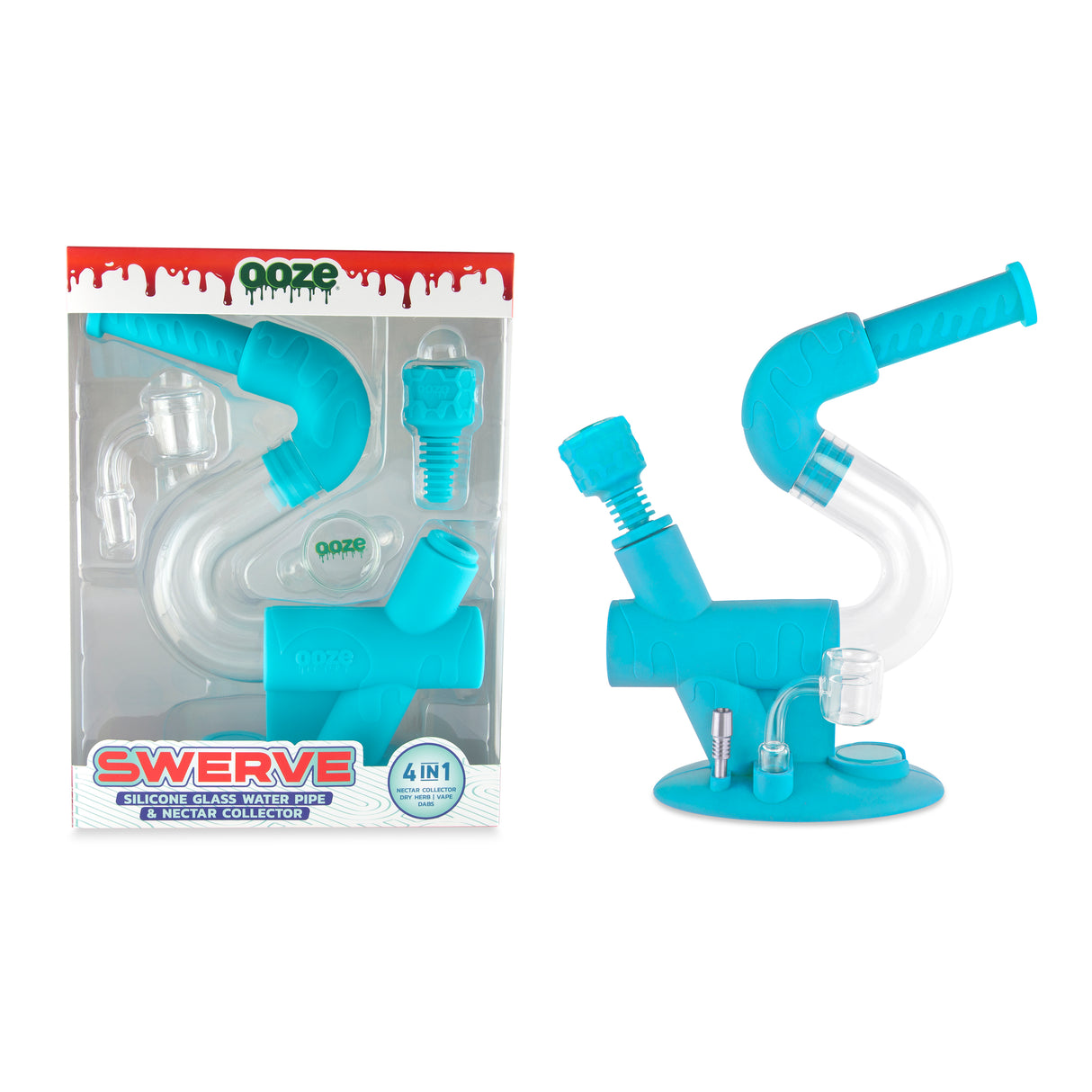 Ooze Swerve Silicone Water Pipe, Dab Rig & Dab Straw - Aqua Teal