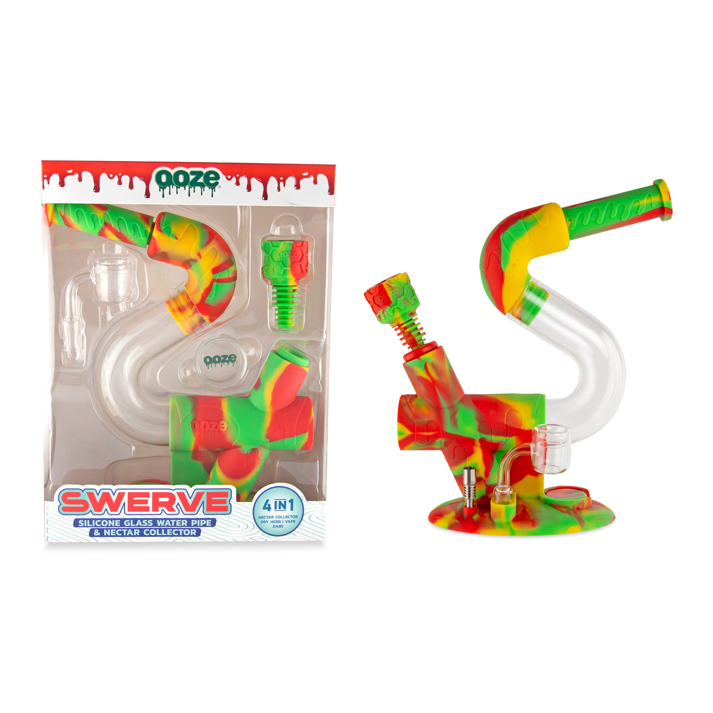 Ooze Swerve Silicone Water Pipe, Dab Rig & Dab Straw - Rasta
